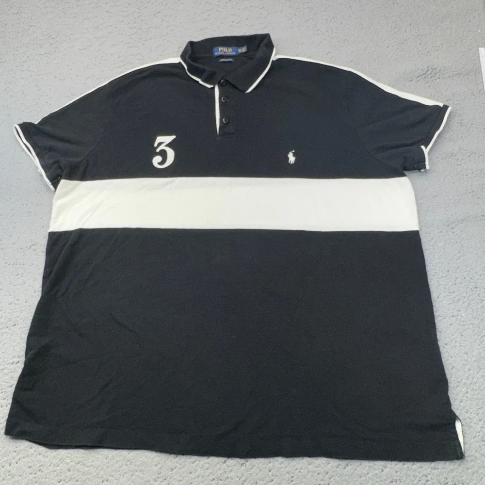 Polo Ralph Lauren Shirt Mens 2XL XXL Black Rugby Stripe Custom Slim Fit Pony